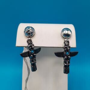 Vintage Totem Pole Clip Earrings, Turquoise Bead, New Old Stock